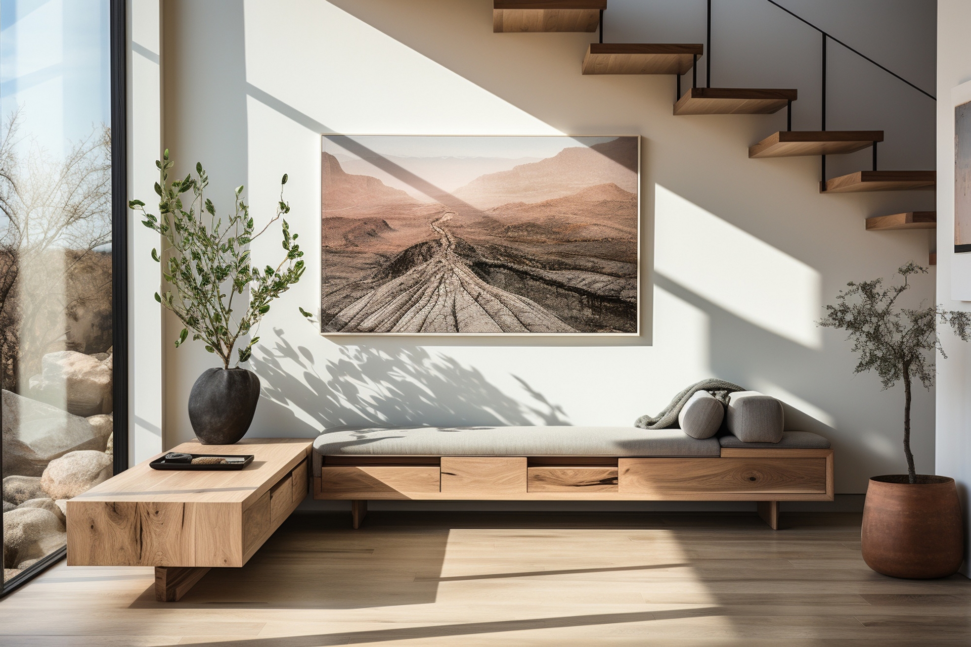 Espace de vie rénové avec banquette bois et tableau panoramique – APS Paris